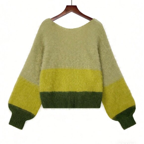 Multicolor Casual Women's striped ColorBlock knit Sweater top Green - Picture 7 of 9